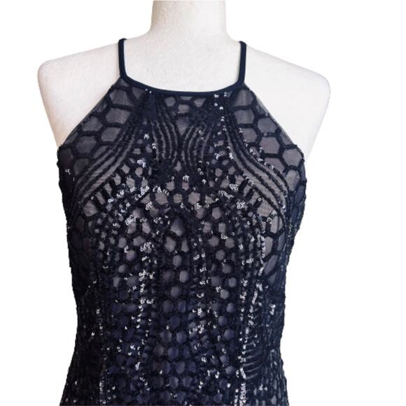 Nightway Gown Dress Navy Blue Mesh Sequins Halter Criss Criss Back Sheath Size 8 - Picture 4 of 16
